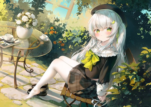 Anime picture 3541x2508 with original chen bin single long hair looking at viewer blush fringe highres hair between eyes sitting green eyes payot absurdres silver hair bent knee (knees) outdoors long sleeves pleated skirt loli one side up
