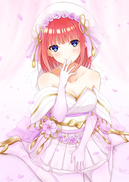 Anime picture 1000x1408 with go-toubun no hanayome nakano nino shihoashikawa single tall image looking at viewer blush fringe short hair breasts blue eyes light erotic smile sitting red hair blunt bangs traditional clothes japanese clothes off shoulder finger to mouth