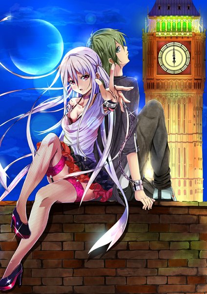 Anime picture 724x1024 with disorder 6 joe (disorder 6) shiina (disorder 6) nazhi long hair tall image looking at viewer short hair open mouth blue eyes red eyes sitting silver hair green hair girl thighhighs dress boy fishnet stockings handcuffs