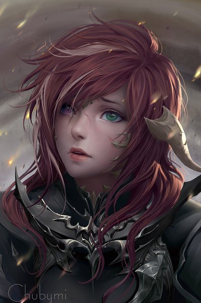 Anime picture 1000x1508 with final fantasy final fantasy xiv square enix au ra chubymi single long hair tall image fringe purple eyes green eyes signed looking away upper body red hair parted lips horn (horns) wind lips hair over one eye