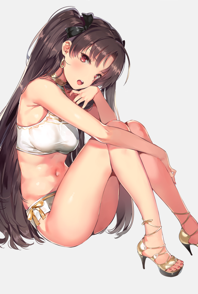 Anime picture 1200x1779 with fate (series) fate/grand order ishtar (fate) yuran (cozyquilt) single long hair tall image looking at viewer breasts open mouth light erotic simple background red eyes brown hair sitting bent knee (knees) head tilt grey background bare belly high heels