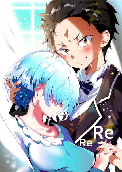 Anime picture 1012x1431 with re:zero kara hajimeru isekai seikatsu white fox rem (re:zero) natsuki subaru aloe (kenkou3733) tall image looking at viewer blush fringe short hair breasts light erotic black hair smile hair between eyes large breasts brown eyes blue hair upper body indoors