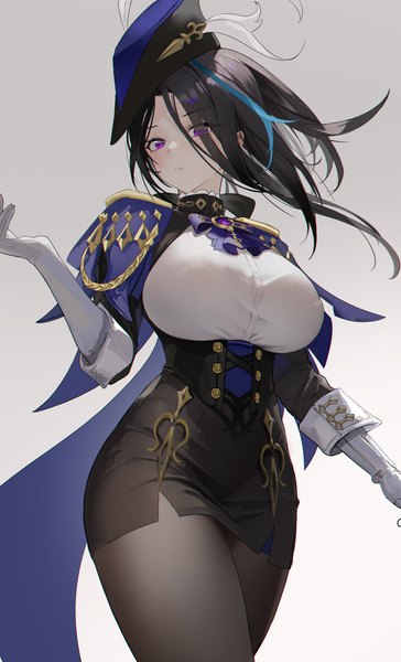 Anime picture 3462x5701 with genshin impact clorinde (genshin impact) omone hokoma agm single long hair tall image looking at viewer fringe highres breasts light erotic black hair simple background large breasts standing purple eyes absurdres long sleeves hair over one eye gradient background