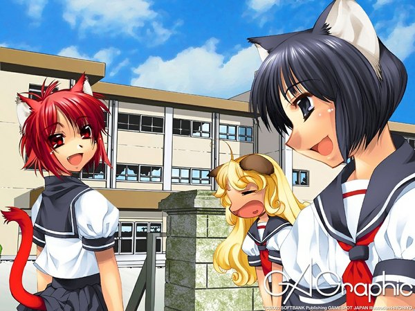 Anime picture 1075x806 with gagraphic hiyohiyo long hair short hair open mouth black hair blonde hair red eyes multiple girls animal ears sky cloud (clouds) outdoors red hair tail eyes closed :d animal tail black eyes cat ears
