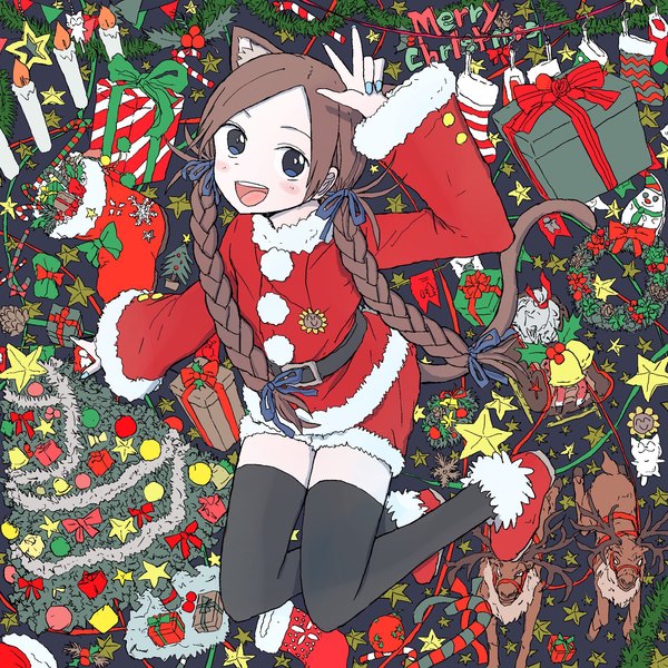 Anime picture 1920x1920 with original moria (ruizu123456) single long hair looking at viewer highres open mouth blue eyes smile brown hair animal ears tail braid (braids) nail polish animal tail cat ears cat girl cat tail twin braids christmas