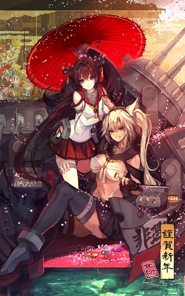 Anime picture 763x1218 with kantai collection yamato super battleship musashi super battleship cis (carcharias) long hair tall image looking at viewer blonde hair red eyes brown hair multiple girls ponytail hair flower girl thighhighs skirt hair ornament flower (flowers) weapon black thighhighs