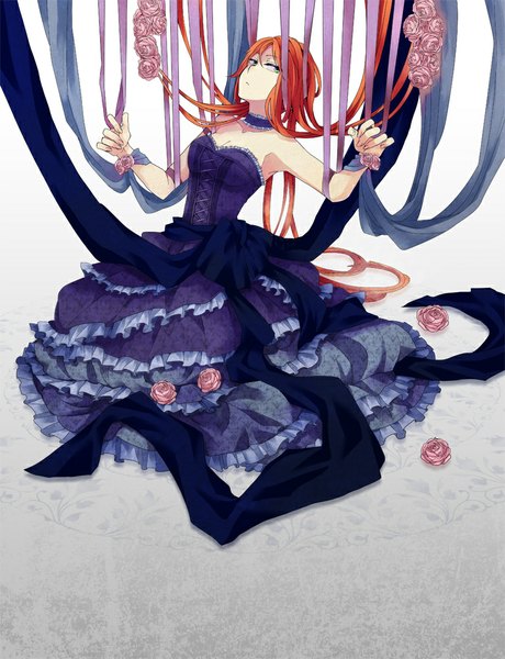 Anime picture 768x1000 with utau namine ritsu single long hair tall image looking at viewer bare shoulders full body aqua eyes orange hair frilled dress lacing bondage otoko no ko dress boy flower (flowers) ribbon (ribbons) choker frills