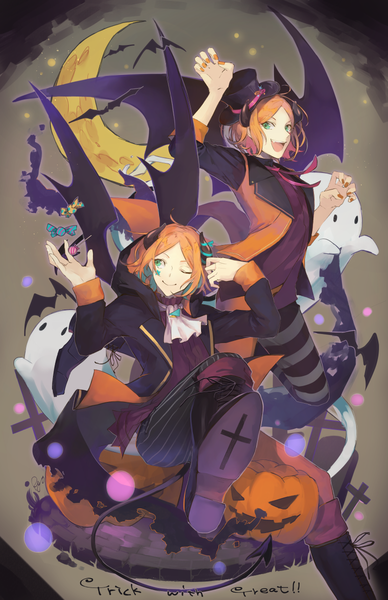 Anime picture 776x1200 with ensemble stars! aoi hinata aoi yuuta ryou (kaleidoscope) tall image short hair open mouth smile green eyes nail polish one eye closed horn (horns) orange hair multiple boys soles halloween siblings twins crescent brothers