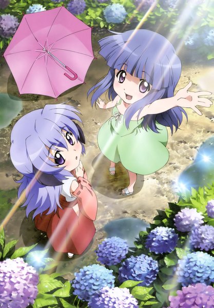 Anime picture 2598x3736 with higurashi no naku koro ni studio deen ryuuguu rena hanyuu abe tomoyuki long hair tall image highres open mouth purple eyes multiple girls blue hair from above sunlight loli happy girl flower (flowers) 2 girls umbrella