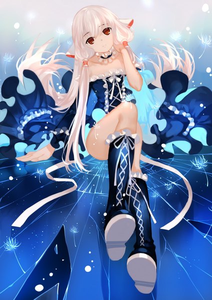 Anime picture 1200x1697 with chobits clamp chii joseph lee single long hair tall image looking at viewer fringe red eyes sitting bare shoulders pink hair legs girl dress ribbon (ribbons) frills knee boots
