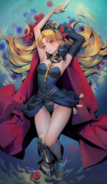 Anime picture 2039x3497 with fate (series) fate/grand order ereshkigal (fate) shou shizuku (deme) long hair tall image looking at viewer blush fringe highres breasts light erotic blonde hair red eyes full body lying from above arms up bare legs armpit (armpits)