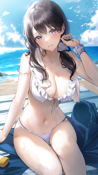 Anime picture 982x1742 with original 2sham single long hair tall image blush fringe breasts blue eyes light erotic black hair hair between eyes large breasts sitting looking away sky cleavage outdoors nail polish head tilt