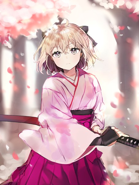 Anime picture 1000x1326 with fate (series) fate/grand order okita souji (fate) (all) okita souji (koha-ace) danggeun single tall image looking at viewer blush fringe short hair blonde hair hair between eyes standing holding yellow eyes ahoge outdoors traditional clothes japanese clothes