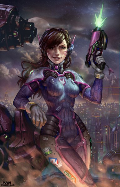 Anime picture 1817x2840 with overwatch blizzard entertainment d.va (overwatch) meka (overwatch) yan kyohara (yanporfirio) single long hair tall image looking at viewer fringe highres breasts light erotic smile brown hair standing holding brown eyes signed sky