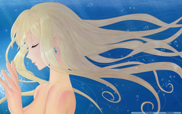 Anime picture 1920x1200 with umi monogatari zexcs single long hair fringe highres breasts blonde hair wide image bare shoulders upper body eyes closed nude inscription blue background underwater girl earrings bubble (bubbles) hand