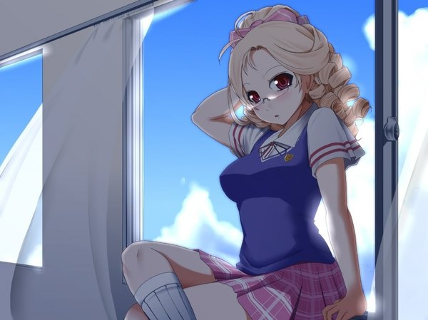 Anime picture 1075x806 with tagme (copyright) tagme (artist) blush blonde hair red eyes sky arm support arms up crossed legs drill hair plaid skirt plaid skirt uniform ribbon (ribbons) school uniform socks glasses window curtains