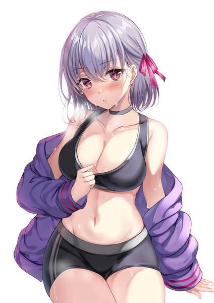 Anime-Bild 2893x4092 mit fate (series) fate/grand order kama (fate) harimoji single tall image looking at viewer fringe highres short hair open mouth light erotic simple background hair between eyes red eyes sitting grey hair off shoulder arm support open jacket