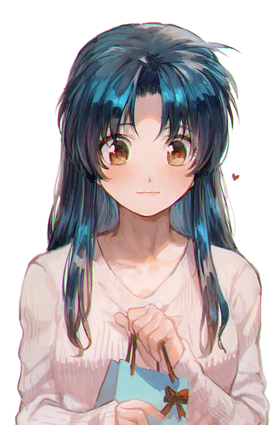 Anime picture 586x900 with full metal panic! gonzo chidori kaname aoki ume single long hair tall image blush fringe breasts simple background smile white background holding brown eyes payot blue hair upper body looking down girl