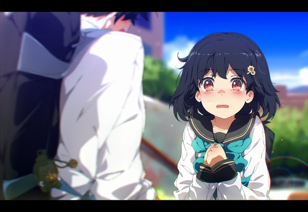Anime picture 4096x2827 with original ogipote blush fringe highres short hair open mouth black hair brown eyes absurdres long sleeves blurry depth of field letterboxed anaglyph confused girl boy uniform serafuku