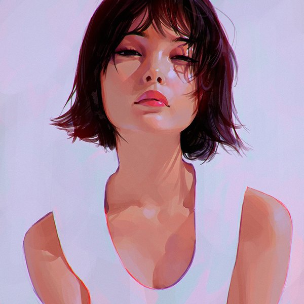 Anime picture 900x900 with original ilya kuvshinov single looking at viewer fringe short hair black hair lips black eyes blurry realistic lipstick gradient background blue background pink lipstick makeup spiked hair blending girl