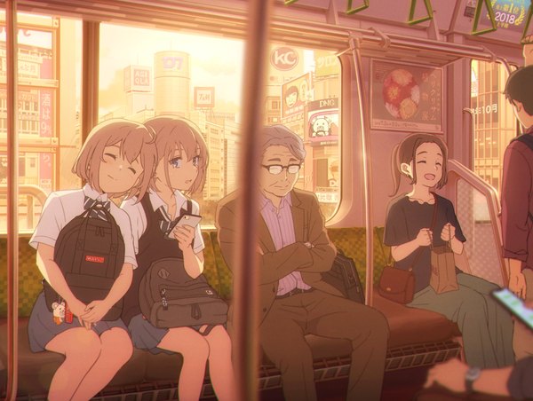 Anime picture 2633x1983 with original 5114ave fringe highres short hair open mouth blue eyes hair between eyes brown hair standing sitting multiple girls holding looking away grey hair mole multiple boys mole under eye evening crossed arms