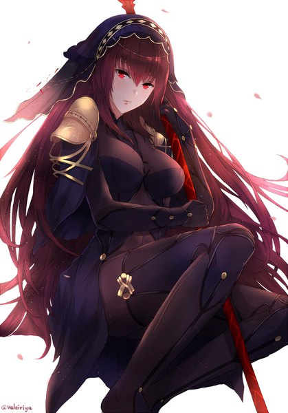 Anime picture 688x984 with fate (series) fate/grand order scathach (fate) (all) scathach (fate) kachi single long hair tall image looking at viewer fringe breasts simple background hair between eyes red eyes white background signed purple hair twitter username girl weapon