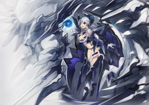Anime picture 1500x1060 with original mamuru single long hair looking at viewer breasts open mouth light erotic red eyes large breasts cleavage white hair teeth fang (fangs) cleavage cutout mecha musume mechanical wings girl gloves navel