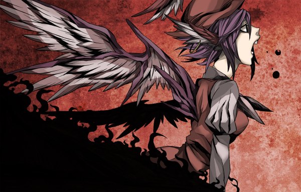Anime picture 1200x764 with touhou mystia lorelei murasaki heizu short hair animal ears purple hair girl hat wings