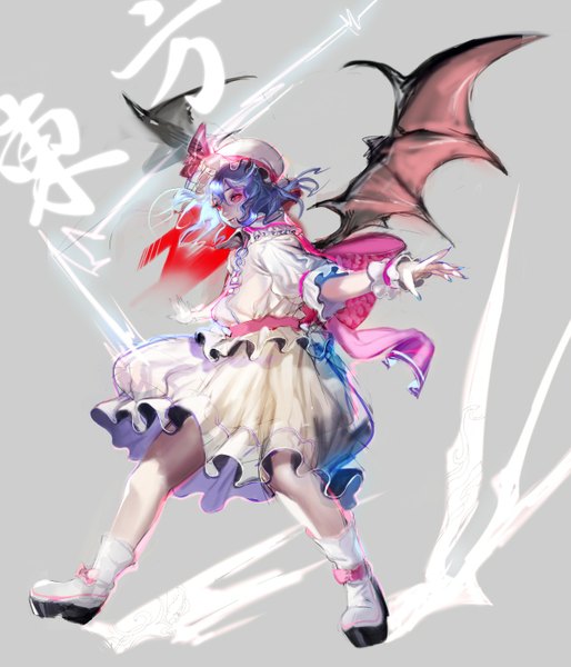 Anime picture 1200x1400 with touhou remilia scarlet tashirotoshi (rururi) single tall image short hair red eyes blue hair grey background bat wings girl dress bow wings boots frills bonnet