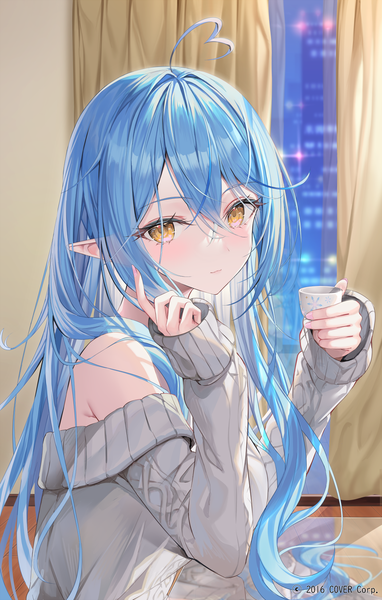 Anime picture 1050x1651 with virtual youtuber hololive yukihana lamy rin yuu single long hair tall image looking at viewer blush fringe hair between eyes holding yellow eyes blue hair upper body ahoge indoors long sleeves pointy ears off shoulder