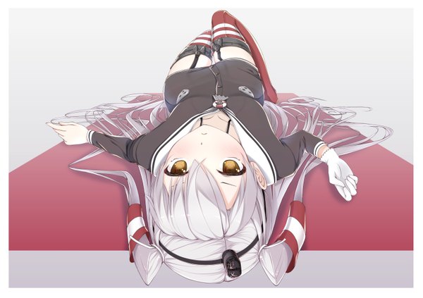 Anime picture 1500x1058 with kantai collection amatsukaze destroyer akikan (10552397) single long hair looking at viewer brown eyes white hair two side up girl thighhighs gloves hat white gloves hair tubes mini hat mini top hat