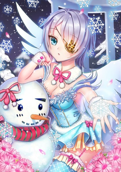 Anime picture 1700x2405 with sword girls iri flina single tall image looking at viewer short hair blue eyes silver hair snowing girl thighhighs dress flower (flowers) bow petals wings eyepatch snowflake (snowflakes) snowman