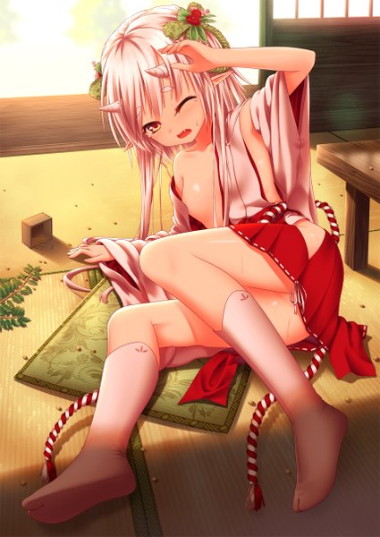 Anime picture 860x1214 with original nazu-na single long hair tall image blush breasts open mouth light erotic pink hair traditional clothes one eye closed horn (horns) pointy ears wink orange eyes girl hair ornament socks white socks