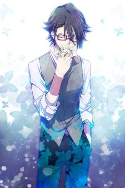 Anime-Bild 800x1203 mit k-project gohands (studio) fushimi saruhiko sakurai (saku1460) single tall image fringe short hair black hair hair between eyes standing white background eyes closed gradient background hand in pocket purple background flower in mouth boy flower (flowers) shirt