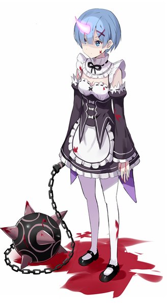 イラスト 543x991 と re:ゼロから始める異世界生活 white fox レム(リゼロ) kenkaizar ソロ 長身像 短い髪 青い目 simple background 立つ 白背景 青い髪 looking away 全身 角 from above maid blood on face bloody clothes ネタバレ