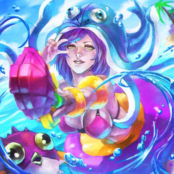 Anime picture 2477x2477 with league of legends lulu (league of legends) monori rogue single long hair looking at viewer fringe highres breasts light erotic yellow eyes purple hair victory girl swimsuit bikini water swim ring splashes inflatable armbands