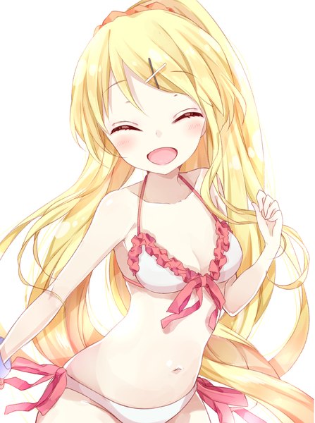 Anime picture 1100x1474 with kin-iro mosaic kujou karen chico152 single long hair tall image blush open mouth blonde hair simple background white background ponytail eyes closed alternate hairstyle girl hair ornament swimsuit bikini bobby pin x hair ornament