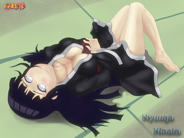 Anime picture 2398x1795 with naruto studio pierrot naruto (series) hyuuga hinata single long hair blush highres breasts light erotic smile large breasts purple hair lying japanese clothes barefoot inscription embarrassed silver eyes girl