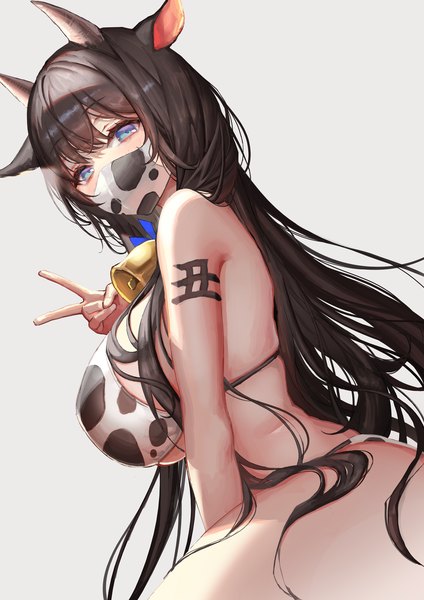 Anime picture 1375x1944 with original okuma mai single long hair tall image looking at viewer blush fringe breasts blue eyes light erotic simple background brown hair large breasts animal ears blunt bangs horn (horns) grey background hieroglyph victory