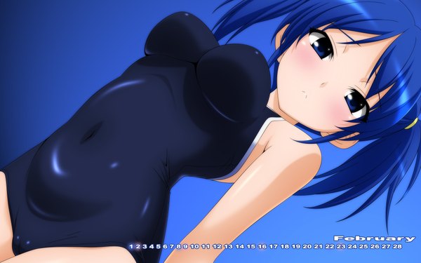 Anime picture 1920x1200 with original wave ride single looking at viewer blush highres short hair breasts blue eyes light erotic twintails blue hair short twintails blue background calendar 2014 girl navel swimsuit calendar