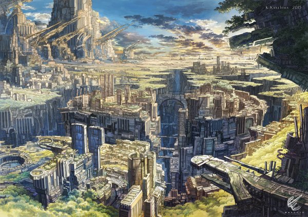 Anime picture 1200x849 with original k kanehira sky cloud (clouds) city no people landscape fantasy scenic logo building (buildings)