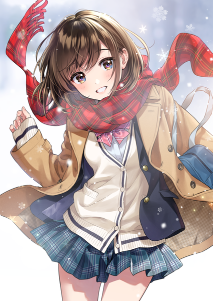 Anime picture 777x1094 with original morikura en single tall image looking at viewer blush fringe short hair smile brown hair standing brown eyes head tilt pleated skirt open clothes grin sleeves past wrists plaid skirt snowing girl