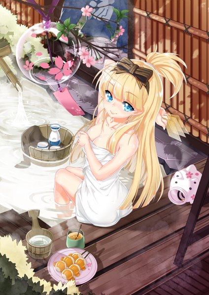 Anime picture 2480x3508 with original kikimi single long hair tall image looking at viewer highres blue eyes light erotic blonde hair smile naked towel girl flower (flowers) bow hair bow towel alcohol onsen sake