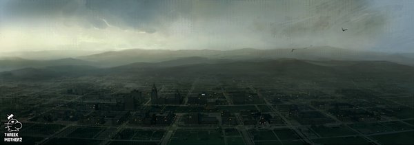 Anime picture 3200x1130 with mother 2 seo tatsuya highres wide image city horizon cityscape no people landscape panorama animal bird (birds)
