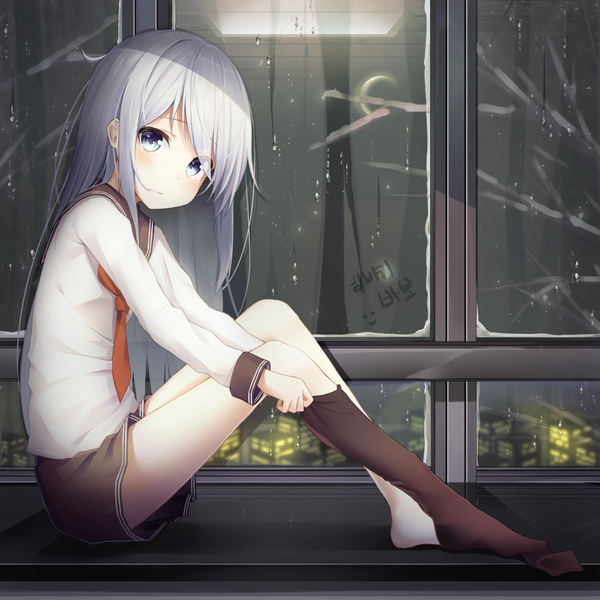 Anime picture 3055x3055 with kantai collection hibiki destroyer apple ringo single long hair looking at viewer blush fringe highres payot absurdres silver hair full body bent knee (knees) indoors long sleeves barefoot hair over one eye no shoes hieroglyph