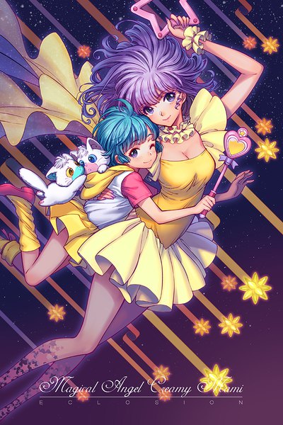 Anime picture 709x1063 with mahou no tenshi creamy mami morisawa yuu creamy mami eclosion tall image fringe short hair smile purple eyes multiple girls purple hair one eye closed arm up wink aqua hair copyright name flying dual persona oldschool girl