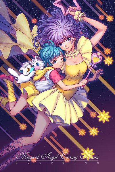 Anime-Bild 709x1063 mit mahou no tenshi creamy mami morisawa yuu creamy mami eclosion tall image fringe short hair smile purple eyes multiple girls purple hair one eye closed arm up wink aqua hair copyright name flying dual persona oldschool girl