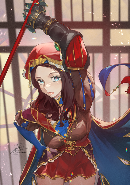 Anime picture 1061x1500 with fate (series) fate/grand order leonardo da vinci (fate) romani akiman fadingz single long hair tall image looking at viewer blush blue eyes brown hair holding signed long sleeves arm up light smile lips leaning leaning forward