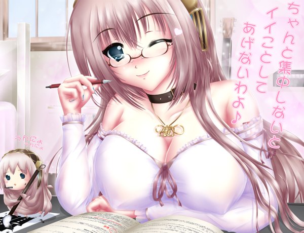 Anime picture 1377x1057 with vocaloid megurine luka nohoho (kakikonchi) long hair blush breasts blue eyes light erotic smile large breasts pink hair one eye closed wink girl detached sleeves glasses headphones book (books) pen paintbrush
