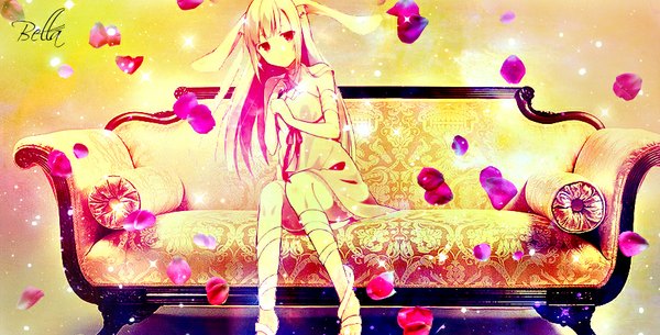 Anime picture 887x451 with original chisumi single long hair looking at viewer fringe blonde hair red eyes wide image sitting animal ears cleavage bunny ears girl dress petals frills couch